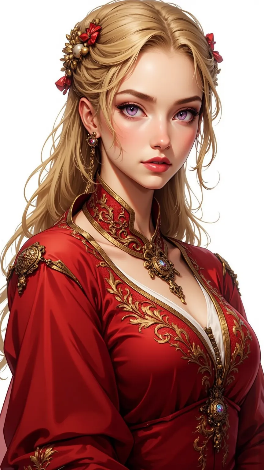 Genna Lannister is a mysterious woman，shows her in a smooth and delicate outfit，adorned with intricate jewelry，including her elegant and gorgeous brooch，wears a stunning red velvet dress，adorned with brilliant gold embroidery。Her golden hair radiates dazzl...