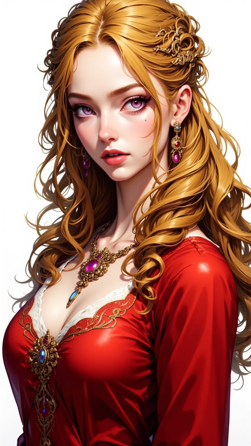 Genna Lannister is a mysterious woman，shows her in a smooth and delicate outfit，adorned with intricate jewelry，including her elegant and gorgeous brooch，wears a stunning red velvet dress，adorned with brilliant gold embroidery。Her golden hair radiates dazzl...