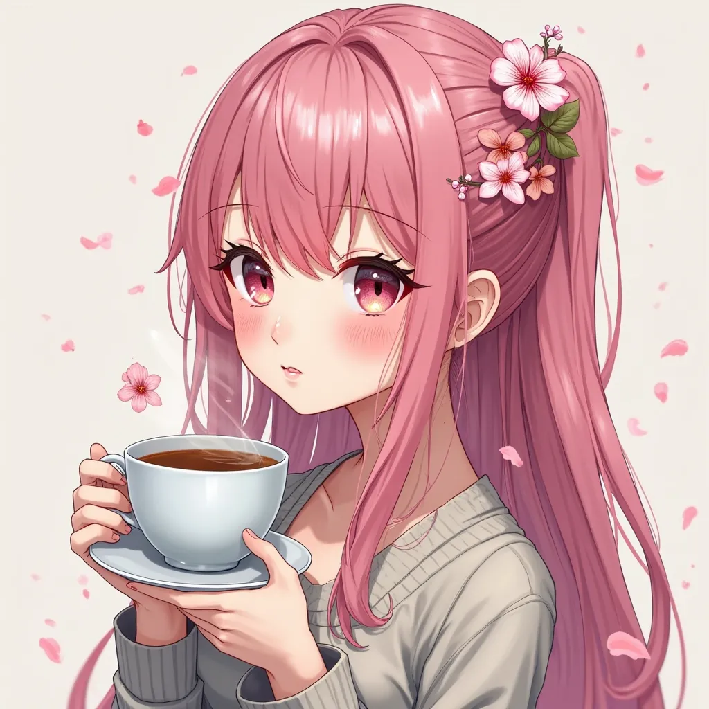 girl with hair with pink tips hair holding a cup of coffee with sakura flowers in her hair, an anime drawing, realistic anime 3 d style, cgsociety 9, cute anime girl portrait, kawaii realistic portrait