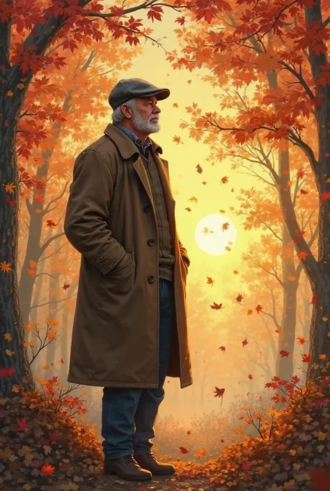 Man sunset autumn floating leaves round cap large coat standing see sun