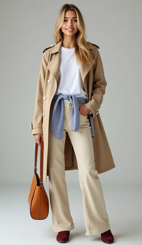 (((eye level shot))), (((full body))), ((front view)), Beautiful Latina girl, ((blonde long hairstyle)), 20 years old, light tanned, ((looking at camera)), ((((playful smiling)))), dressed in (((beige relaxed fit trench coat with oversized notch lapels, sh...