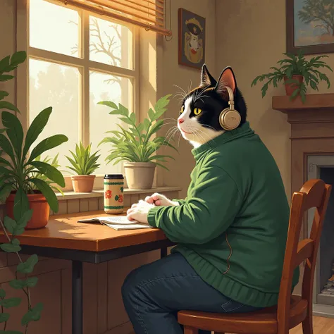 1:""main character""
Slightly fat black and white cat(realistic)

2:"place"
I'm studying sitting at a, the sun shines in,coffee and foliage plants on table

3:"" Fashion ""
wearing a green sweater,big headphones

4:" action"
table in a cafe with a fireplac...