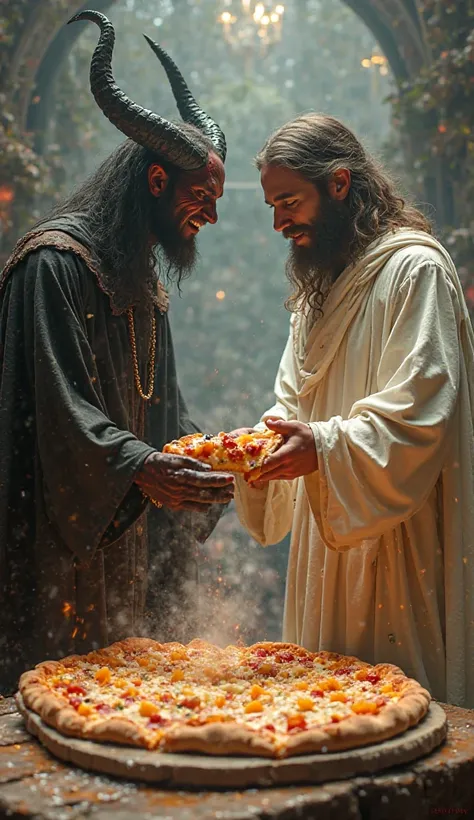 Satan challenges Jesus to a pizza contest. satan is skinny with horns while jesus is bright dressed in white robes