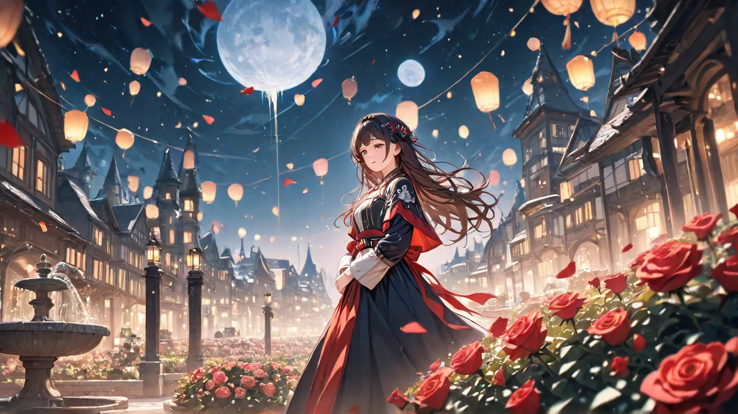  huge _very high resolution, high resolution,  masterpiece, recent, 1 female,  long hair, dark hair, prom mask , Side view, Middle Ages 옷차림,  soft_light,  blurry , Festive atmosphere, Well-integrated, Roses falling from the sky, Very large town square, Wid...