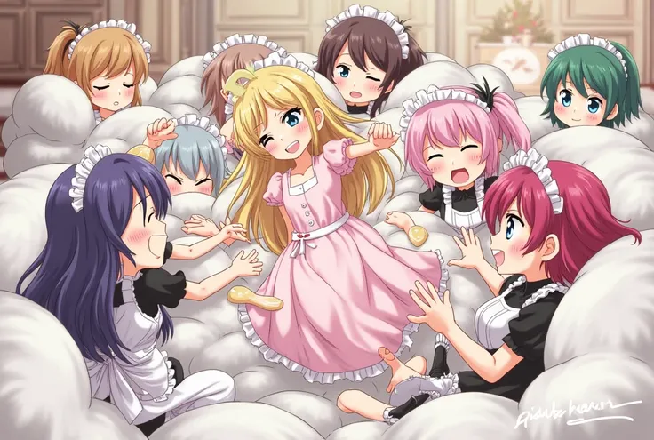 An anime-style illustration depicting many maids and princess playfully wrestling with each other inside a bed comical fight cloud.
each maid has different colored hair.one princss with blonde long braided and blue-eyes and pink-dress.
their faces,hands,an...