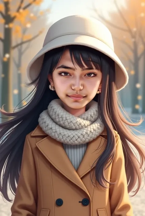 Japanese girl with long hair with a smile wearing a coat, a scarf, wearing a white bucket hat, real image
