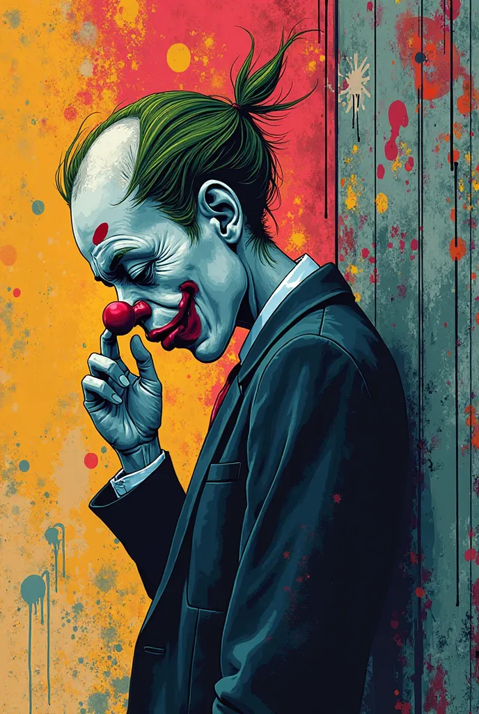 One bowed his head and smiled but only showed his side，Close your eyes，clown，Wear a suit，upper body
Background:colorful
Style:illustration graffiti style
Features:Linear，abstract，Creativity