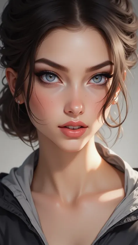 A semi-realistic portrait，shows off the style of a charming girl，of her bold black eyeliner、dark blue eyes and flawless skin，with real and subtle seductions，Lip with lips。