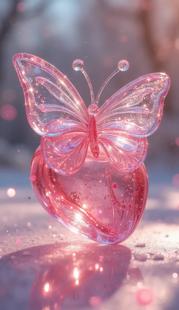 Something transparent made of crystal🦋、 butterfly、  Rose，Something transparent made of  、 crystal that is pink all over and shines with  、High resolution heart,  top quality made of straw ,  anatomically accurate, 