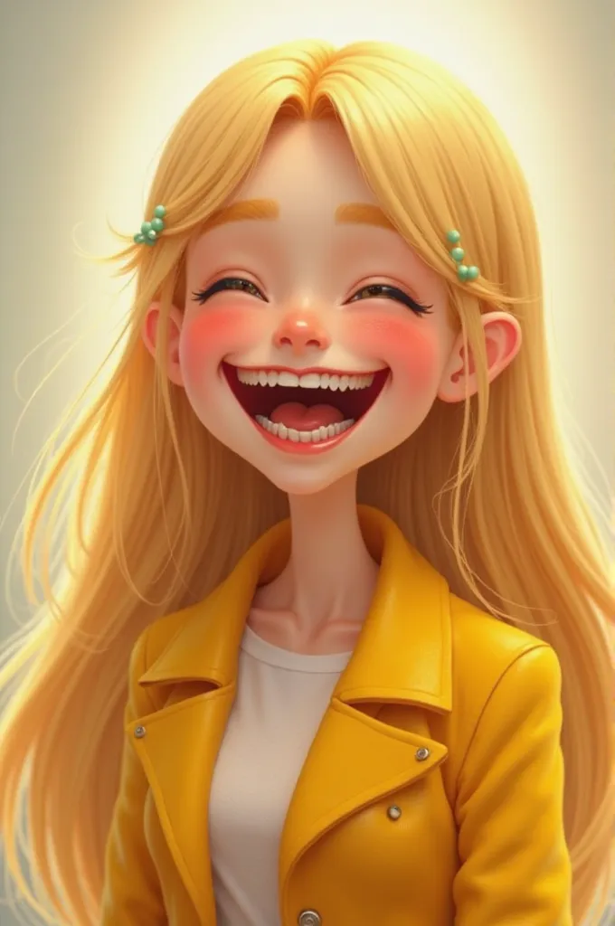 A very happy person with blond straight hair wearing a yellow coat whose head is 20cm tall 1.57, but whose teeth are sparse, but whose teeth are sparse.