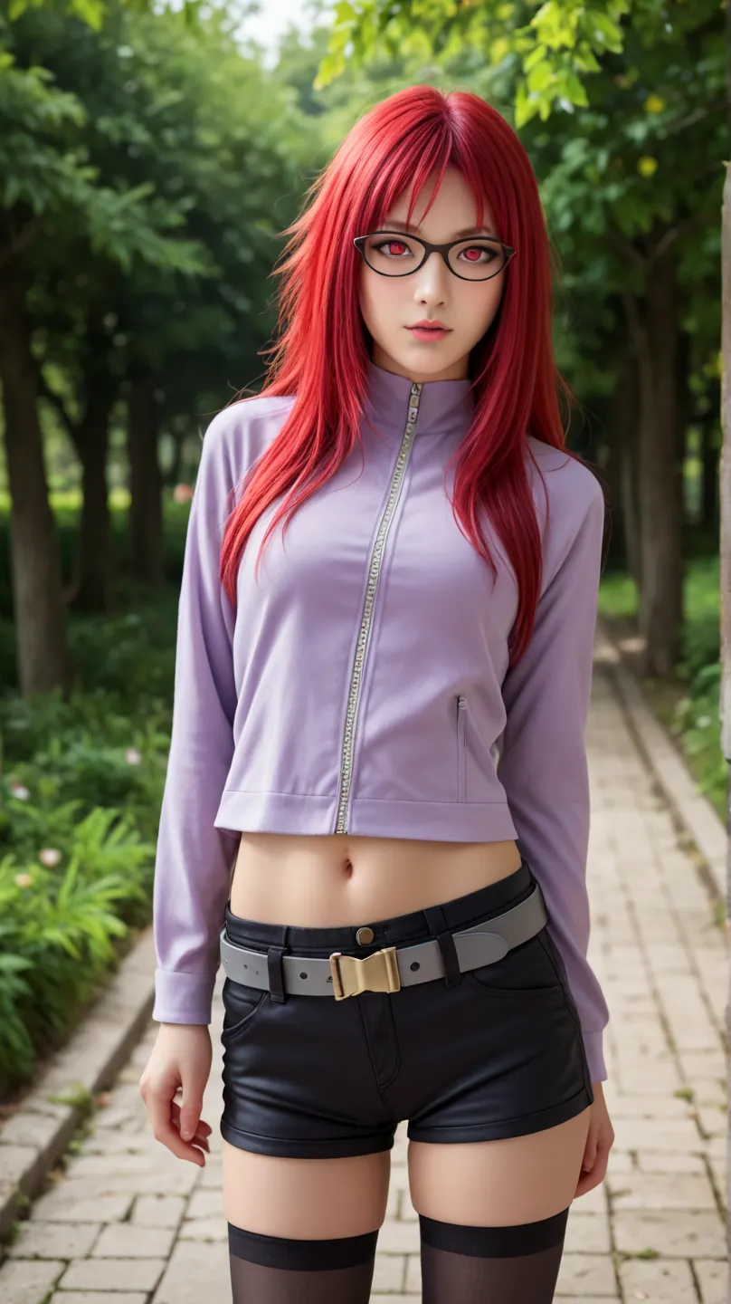 1girl, solo, Karin Uzumaki, glasses, red eyes, red hair, long hair, purple jacket, grey belt, navel, black shorts, thighhighs, outdoors