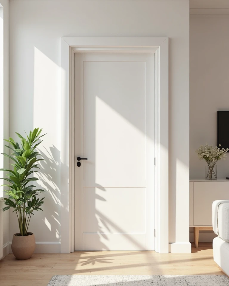 Straight white door. Living room interior.