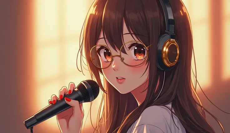  Anime style. beautiful adult girl in round glasses with gold rim.  brown eyes. long brown hair with a parting in the middle.  warm lighting . the girl is holding a microphone and wired headphones