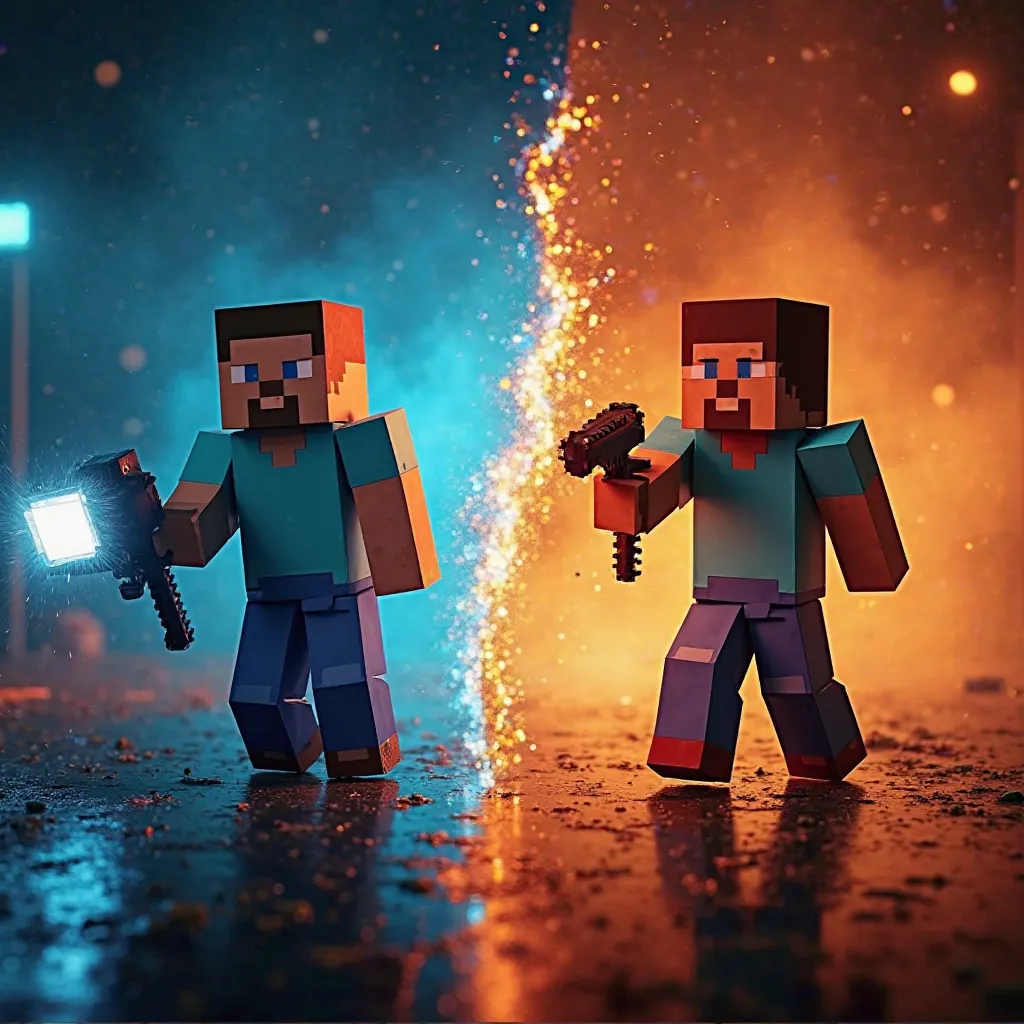 "Create an eye-catching and vibrant YouTube thumbnail featuring a dynamic split-screen design. On the left side, a Minecraft avatar is in action with a professional camera in front, capturing the scene, with the bold text 'Shooting.' On the right side, the...