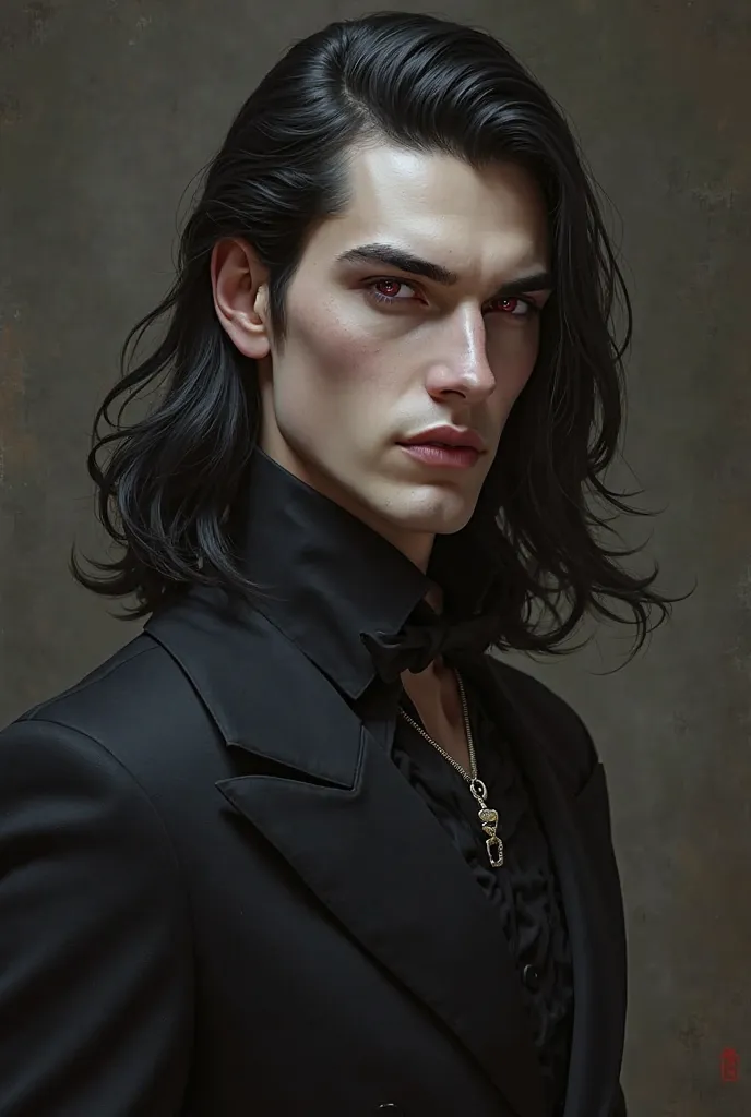 A tall, lean vampire with an olive complexion, chalky pallor, and long, black hair reaching his shoulders; he is also noted to have burgundy-colored eyes. A physique to a "blade of a sword" highlighting his sharp and lean appearance.