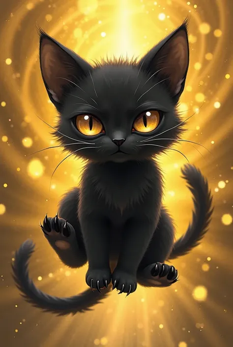 Create the image of a black and white Pokémon-style kitten ,floating in an imposing pose ,on a psychedelic gold background

