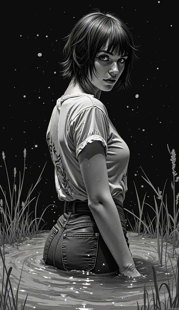 close-up, Masterpiece , simple comic monochrome graphics, dynamic move, drowning in a mud bog, mature diva, victim ritual  shirt ,indigo levis jeans on the back,turns around,  bob-cut, black background, reeds, gaze, expressive eyes, wet transparent clothes...