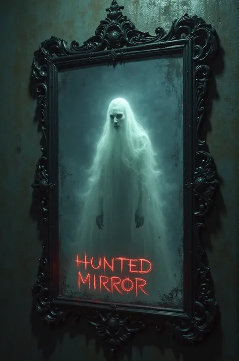 Create a Horror mirror with a show of ghost and also write "Haunted Mirror" In red 