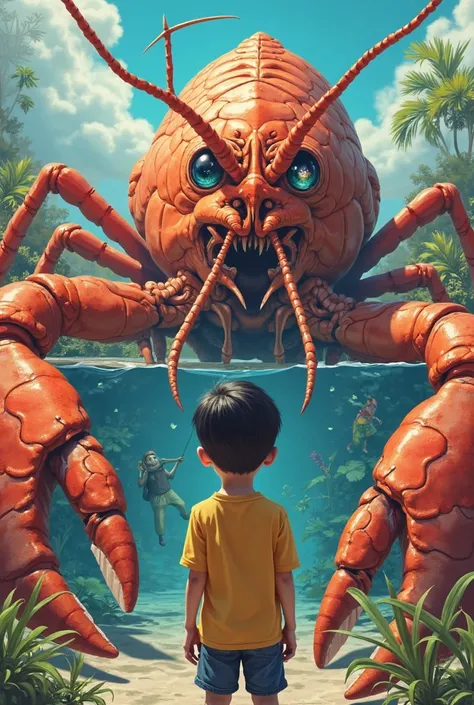 Thai boy, , standing in front.,The background is a lobster with farming and fishing in front of his eyes. ,Rich looking boy,Comic Art, Virtual Reality