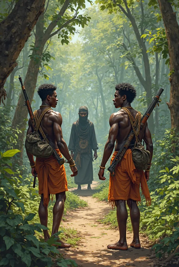 Create a beautiful African young man with his friend hunting in the village forest , and see a masked man and  there there was scared