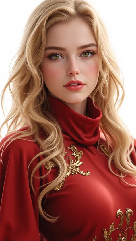 Genna Lannister is a womankind，Curved And a clumsy chest，Hips and slender waist，Her chest threatens her elegant corset，wears a rich red dress，with intricate gold lion embroidery，r。Her hair is golden，stacked in thick glossy waves，builds her lively and confi...