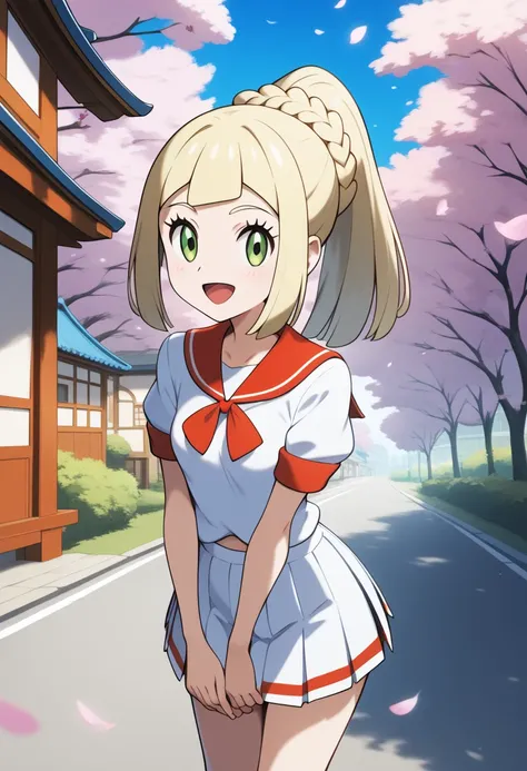  score_9,  score_8_up,  score_7_up,  score_6_up,  score_5_up,  score_4_up,  source_anime, Ally Lee,  long hair, blond hair,  French braid , ponytail, green eye,  small breasts, white shirt, short sleeve, pleated skirts that blow out, white skirt, cross you...