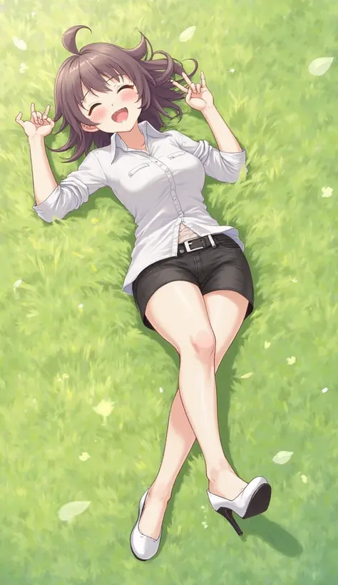 1girl, sunaookami shiroko,Two Legs, blue archive, strapless shirt, black denim shorts, white high heels, closed eyes, blushing red cheeks, happy face, lying down, grass, legs up, tucking pose