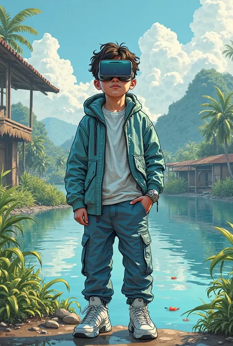 Thai boy, , standing in front.,in the background is a white shrimp pond, the area where farming and fishing are done. ,The boy looks rich and high-tech,Comic Art, Virtual Reality