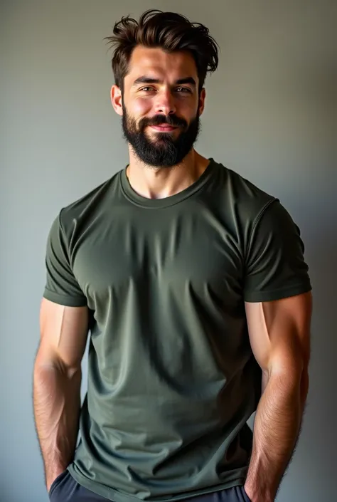  he's too tall, moreno, has broad shoulders. The muscles mark on the t-shirt and there must be a breathtaking six-pack underneath that clothes. The legs are thick and beautiful.
 The slightly wavy brown hair and a well-trimmed full beard, frame a defined j...