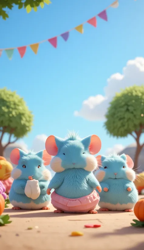 3d, Disney Pixar style , White hamster , １ hamsters are light blue 、already１hamsters are dressed in cute pink, Clear blue sky,Back view of a hamster