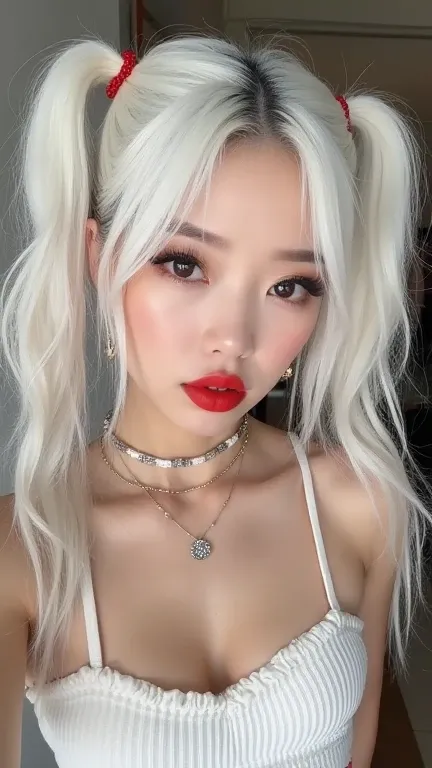 18 yo korean kpop idol, white hair with twin ponytails, dark eyes, full red lip, eyeliner, eyeshadow, spagetti strap crop top,