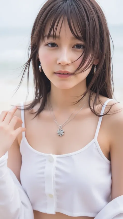 nsfw, best quality ultra high definition,  high-definition skin in summer,  Overwhelmingly Thick Mouth Artistic , take off the blouse ,( japanese girl ,  bikini),( background:1.2),  beautiful beach , (random cute hairstyle:1.3), necklace、smile、 brown hair