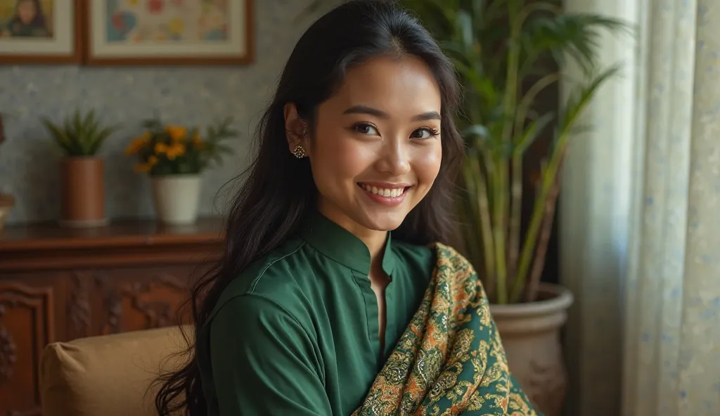 A beautiful 27-year-old woman, cheerful and strong, wearing an elegant moss-green hijab kebaya. She is sitting in the living room in a happy pose, smiling brightly and full of energy. Her kebaya is paired with a neatly wrapped batik sarong, adding a touch ...