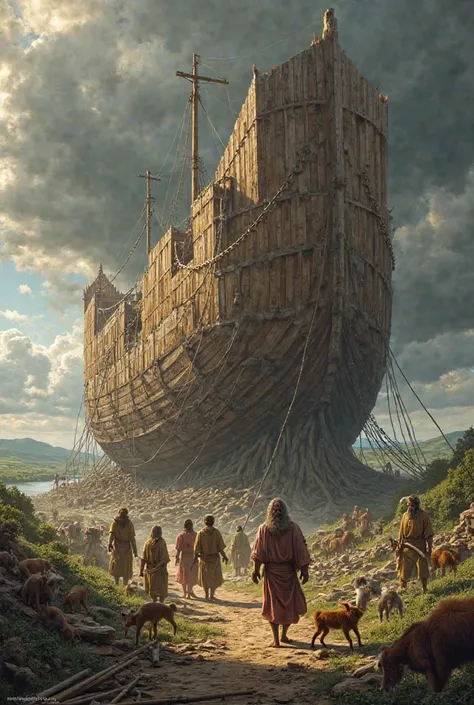 Noah and his family building Noah's Ark 