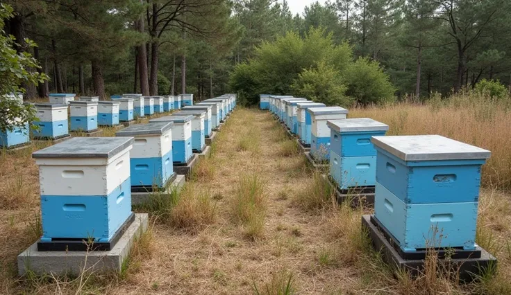 "A beekeeping area with several hives lined up in rows that extend toward the bottom. The hives are square, some are painted blue and others are unpainted. Each hive has a tire rubber on the bottom and a zinc sheet on the top, supported by a stone. The hiv...