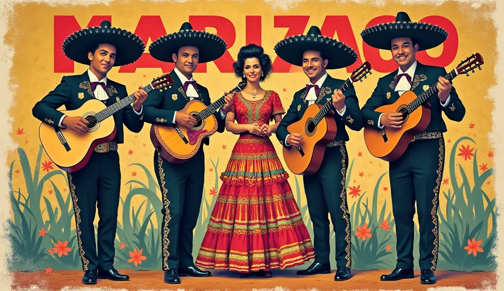 "A vintage poster with style from the 60s, showing a mariachi group. Three men in dark charro suits, big hats and guitars. A woman in a vibrant traditional Mexican dress, also with guitar. Background with colorful patterns and text in retro style similar t...