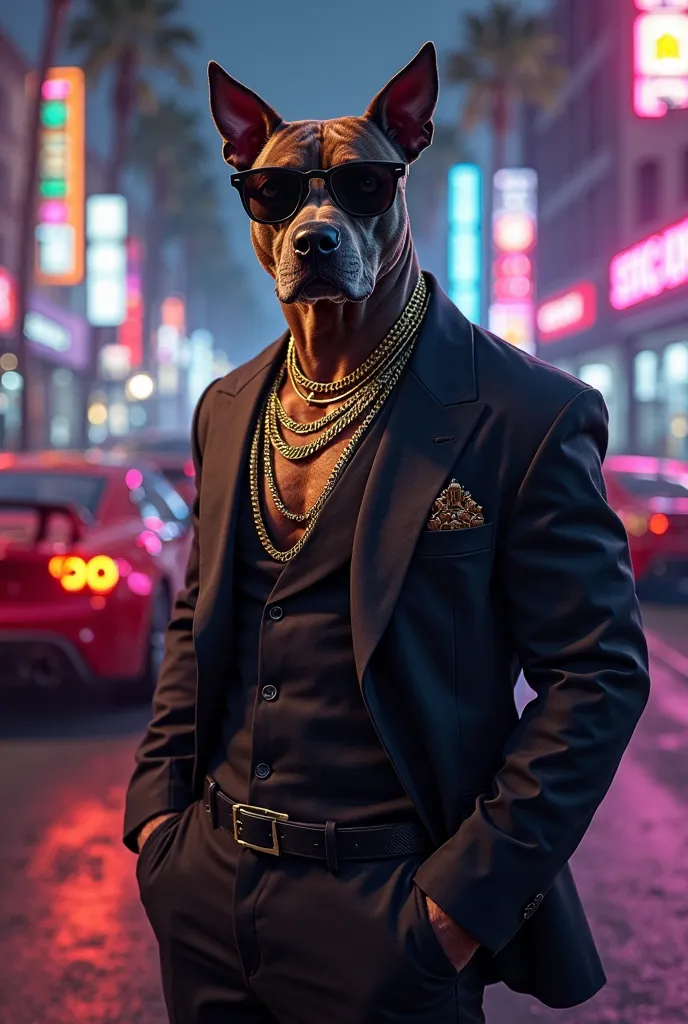 "An anthropomorphic pitbull with a gangster style,  wearing an elegant black suit , an open gold shirt and dark glasses. He has several gold chains around his neck and holds a cigarette or cigar with a confident expression. The setting is inspired by GTA 5...