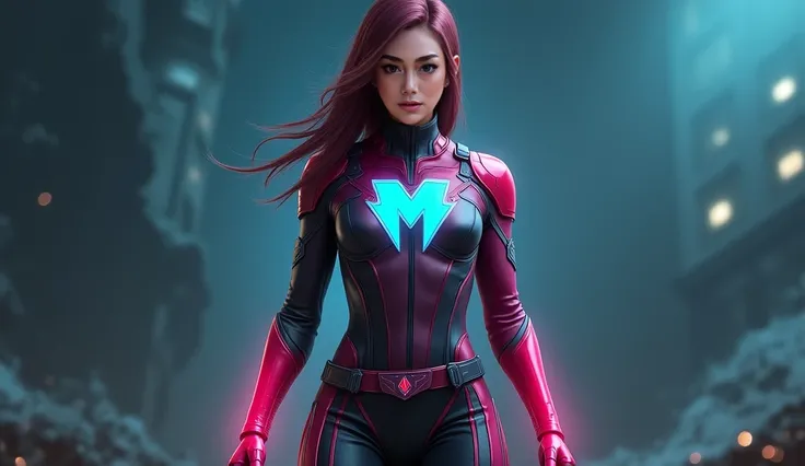 A realistic, cinematic full-body portrait of the superhero Merpati, inspired by her original comic design but reimagined in a modern, futuristic style. She wears her signature color scheme from the comics, updated with sleek, high-tech elements and subtle ...