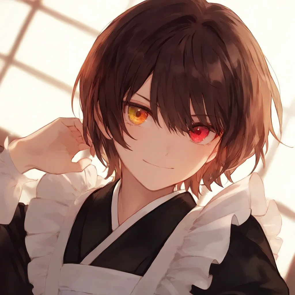 Brown hair, bangs, short, 1 strap, Japanese maid clothes, yellow eyes, red eyes