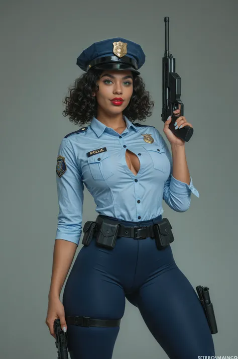 (date:20250222, By:Joulios)  Girl police aiming her gun, with police uniform, slutty face, very curly black hair, very dark skin, green eyes,  thick red lips, very curvy athletic build, senos medianos,  very thin waist ,  marked abdomen, very wide hips, hi...