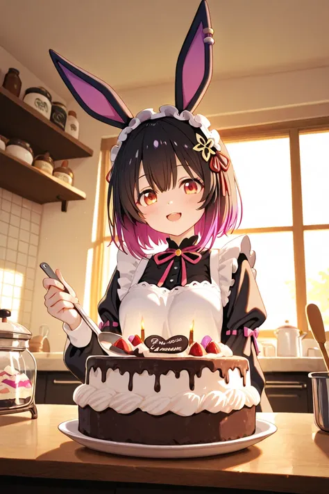 The background is a beautiful pastry shop kitchen。The black cat is making a cake。There is a rabbit sugar candy on top of the cake。