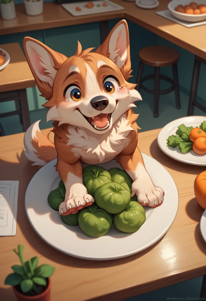 A cute golden-furred dog sitting at a wooden table, carefully tearing green onions and small vegetables into tiny pieces. The pieces are neatly arranged on a plate, and the dog looks proud of its work."