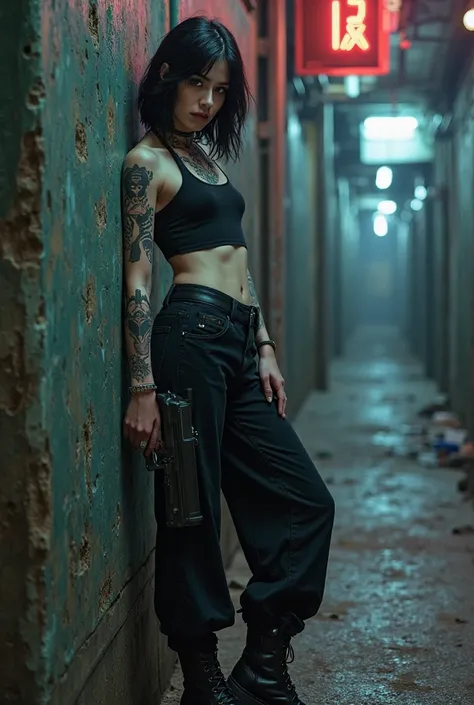 A black-haired girl in a black top and wide pants with black boots and pale white skin and tattoos doing a pose leaning against a wall with a gun while on the streets of Zaun de Arcane