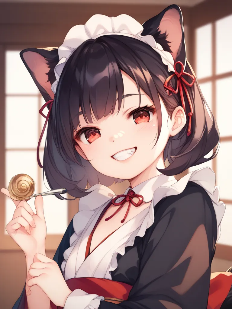  dog ear、Young face、Japanese maid clothes、Black Tail、 red eyes、Curled up、 dark hair、 Gold、 double teeth、smile