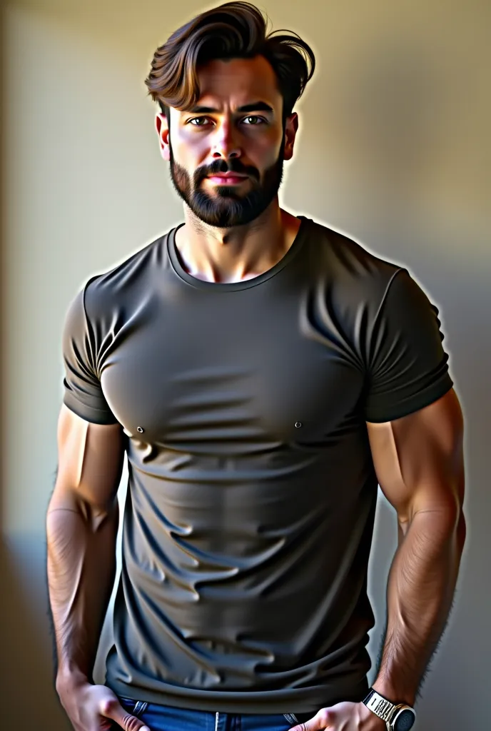  he's too tall, moreno, has broad shoulders. The muscles mark on the t-shirt and there must be a breathtaking six-pack underneath that clothes. The legs are thick and beautiful.
 The slightly wavy brown hair and a well-trimmed full beard, frame a defined j...