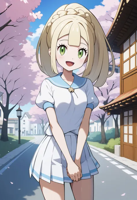  score_9,  score_8_up,  score_7_up,  score_6_up,  score_5_up,  score_4_up,  source_anime, Ally Lee,  long hair, blond hair,  French braid , ponytail, green eye,  small breasts, white shirt, short sleeve, pleated skirts that blow out, white skirt, cross you...