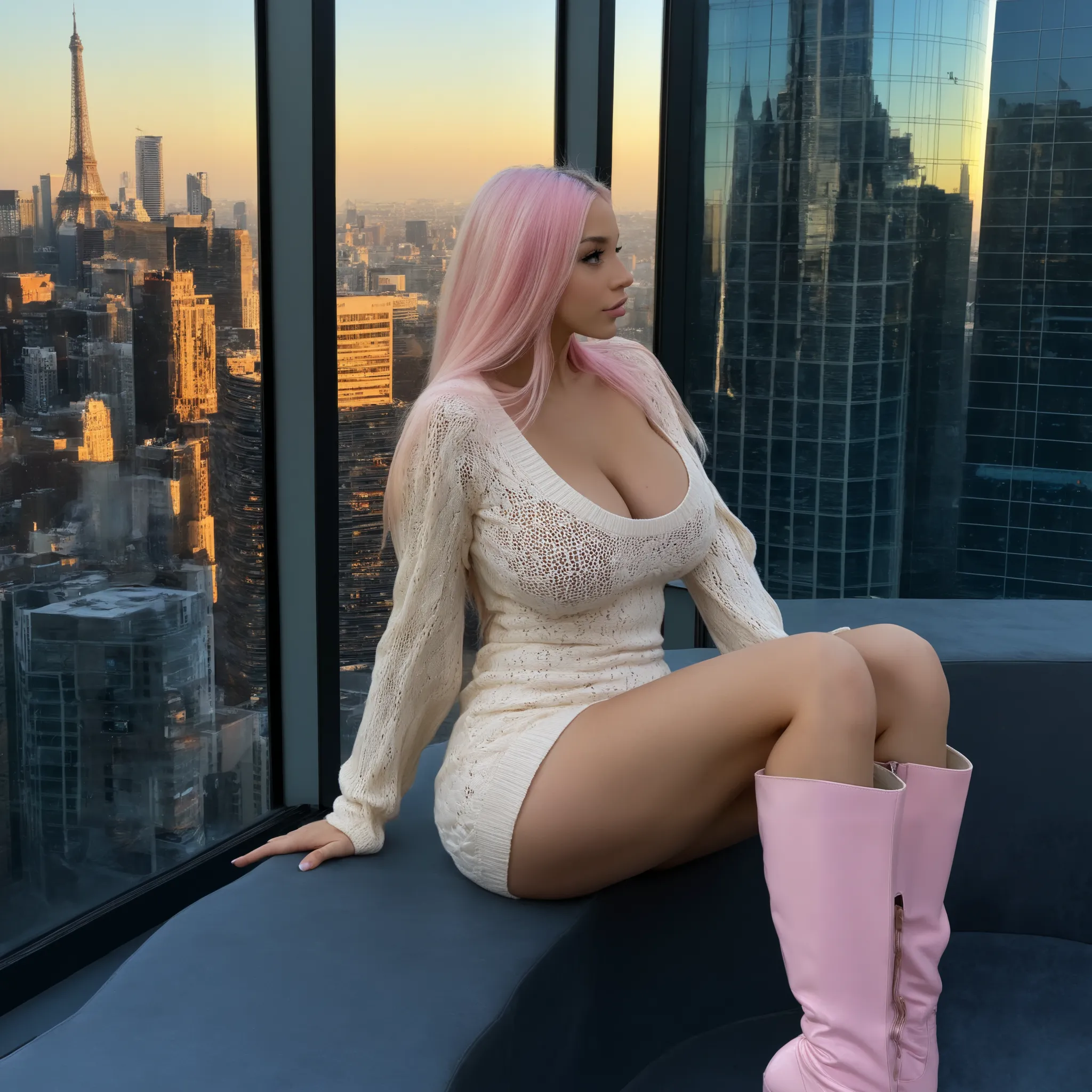 Stable_Yogis_PDXL_Positives score_9, score_8_up, score_7_up, score_6_up, 1girl, solo, long pink hair, large breast, large butt, tight beige knit dress, deep V-neck, long sleeves, side slit, knee-high boots, sitting stylishly on window ledge, legs elegantly...