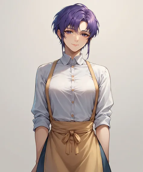 1woman, solo, simple background, white shirt, apron, navel, ursula ( Fire Emblem), short hair, violet hair, medium breast, gentle smile, closed mouth, Ursula, 