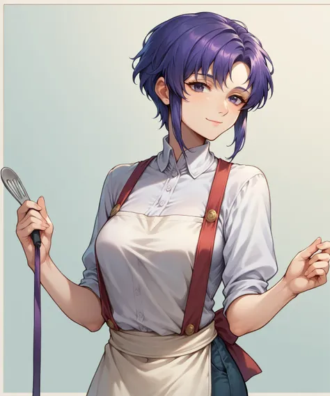 1woman, solo, simple background, white shirt, apron, navel, ursula ( Fire Emblem), short hair, violet hair, medium breast, gentle smile, closed mouth, Ursula, 