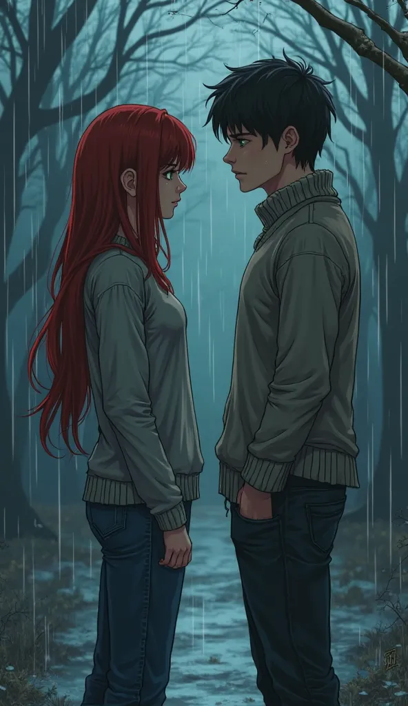 hello I want you to draw me a picture. let the two stand outside talking to each other in a quiet place {x} in the picture where a woman and a man are the main figures, the woman's red hair is stretched towards her waist, and let it be a pair of pants, wil...